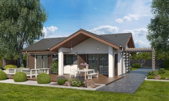 Petite maison à 3 pièces avec terrasse couverte.